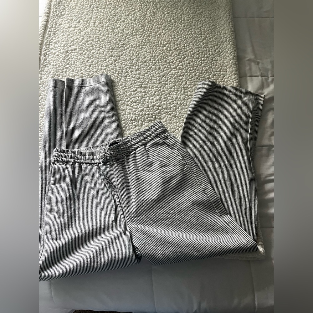 J. Crew navy and white stripped linen pant